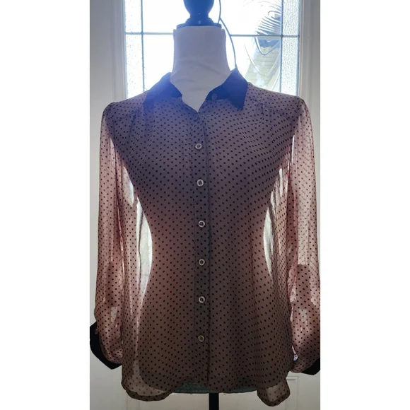 Mine Black & Tan Polka Dot Long Sleeve Sheer Button Down Blouse Top Women's M - Picture 8 of 12